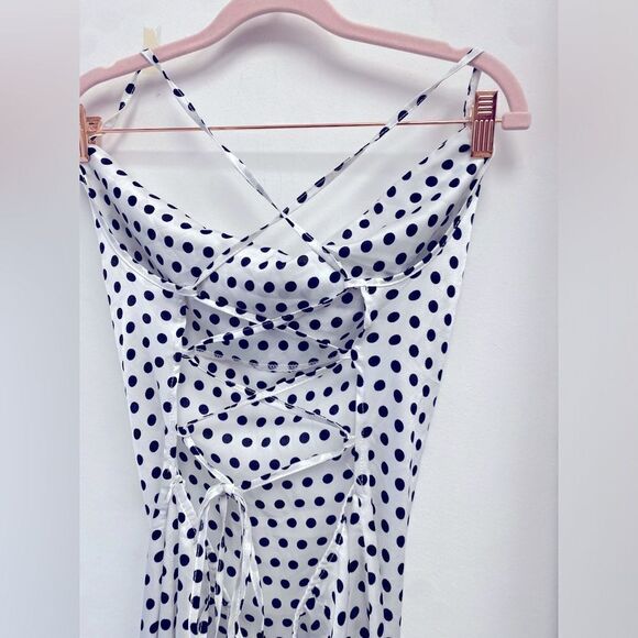 Pretty‎ Little Thing White Polka Dot Satin Open Back Midi Slip Dress Sz 12 - Picture 5 of 7